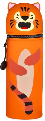 DGTSYAL 2 in 1 Weiche Silikontasche Kawaii Federmäppchen, Tischstifthalter, Reißverschluss, Silikon, Stiftetasche Buntstifte Marker, Büro, Uni, niedlicher Schulbedarf, Mädchen (Tiger)