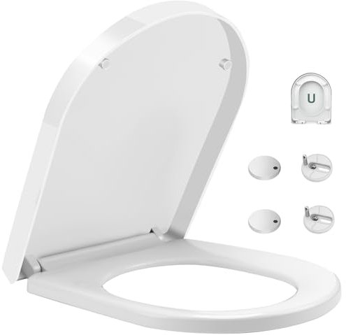 xinfedi Toilet Seat, D Shaped Slow Close Toilet Seat with Adjustable Hinges for Easy Clean, 45.5 x 36 x 4CM WC Seat for Standard U-Shape Toilets(White)