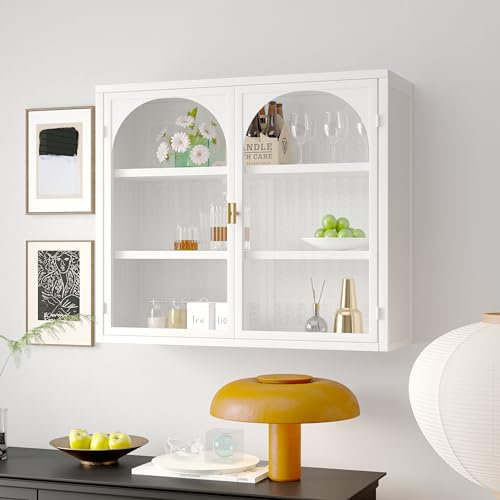 Retro Welle Glastür Wandschrank mit abnehmbaren Regalen, passend für Büros, Esszimmer, Wohnzimmer, Küchen und Badezimmer (A3-Weiß)