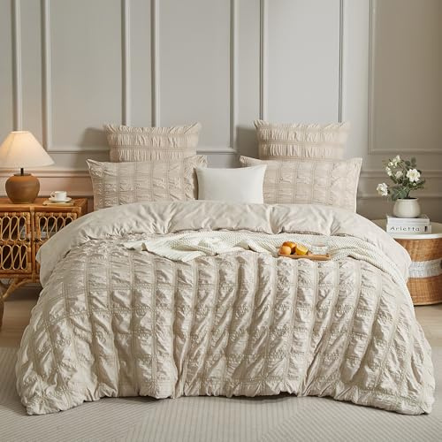 Luowei Seersucker Bettwäsche 135x200cm Karo Sommer, Beige, 2-teilig | Atmungsaktiv Bügelfrei Zeitloses Karomuster Bettwäsche Set, OEKO-TEX, mit Reißverschluss und Kissenbezug 80x80 cm