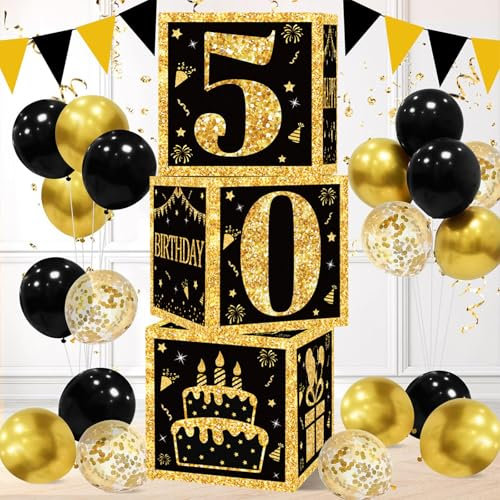 50.Geburtstag Junge Mädchen Party-Dekorationsboxen, 3pcs Schwarz Und Gold Ballonboxen Geburtstag Deko Für 50 Geschenk Freundin Geburtstagdeko, Happy Birthday Partydekoration Themen Party Boxen