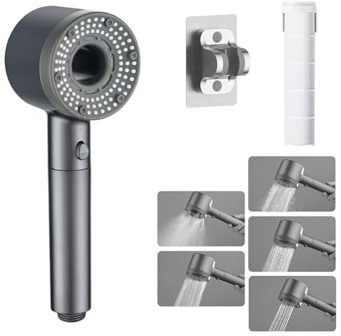 Duschkopf Hochdruck Wassersparend Handbrause Massagedusche mit 5 Modi Halterung Filter Multifunktionaler Verstellbarer Badezimmer Hautschönheit Sparduschkopf für Erwachsene Kinder Haustiere (Grau)