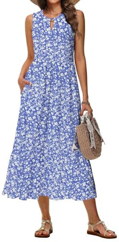 Tanmolo Sommerkleider Damen Lang Maxikleid Damen Kleid A-Linie Strandkleid Mit Rundhals Im Swing-Stil Mit Blumenmuster Ärmelloses Mit Taschen (Blaue Blume L)