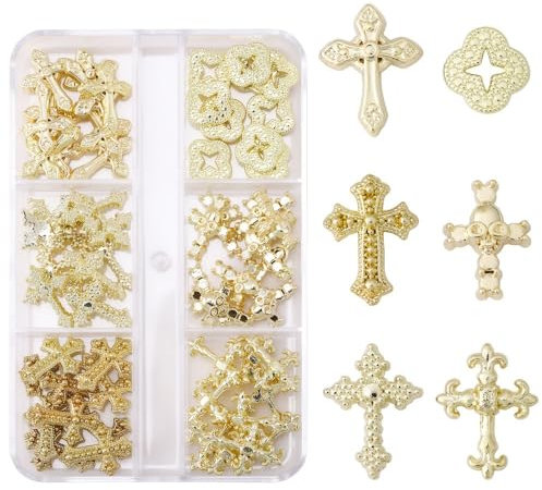 Cross Nail Charms,60Pcs Rhinestones Cross Nail Gems,Gold/Silver Metal Alloy Nail Art Cross for Manicure Decorations Supplies DIY Crafts (B Gold)
