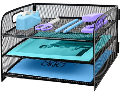 Organizer da scrivania a 3 livelli con manico, organizer per documenti in rete estraibile, per scrivania, vassoio organizer da scrivania per documenti A4, forniture per ufficio, nero