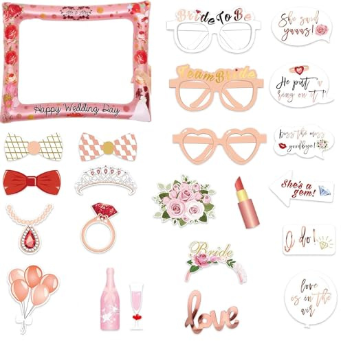 23 Piece All in One Rose Gold Bachelorette Party Kit with Giant Inflatable Selfie Frame, Sashes, Signs and Photo Booth Props for Bridal Shower Decorations and Games