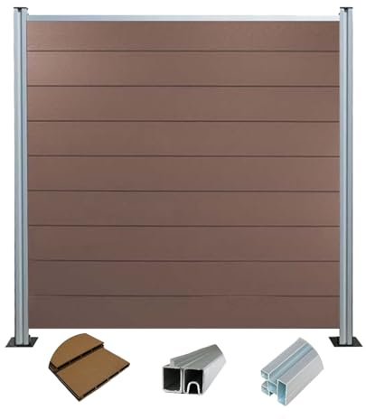 Woodstore24 WoodoZaun - WPC Sichtschutzzaun - Braun - 185 cm x 180 cm - Gartenzaun Komplettset - inkl. Pfosten Silber Eloxiert - 2x Zaun & 3x Pfosten