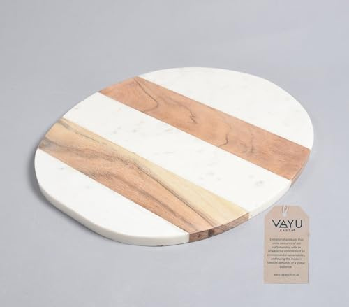 Premium Marble & Acacia Wood Cutting Board – Block Striped Design, Cheese Serving Platter, Charcuterie Board, Kitchen Chopping Board for Meat, Veggies, Fruits – Stylish & Durable Gift for Home Cooks