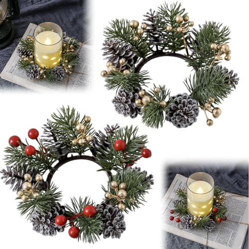 2 Stück Weihnachtskerzen Ringe, Adventskranz Kerzen Tischdeko, Kerzenring, Künstliche Weihnachtskranz Kerzenkranz für Stabkerzen, Tannenkranz für Weihnachten Tisch Dekoration