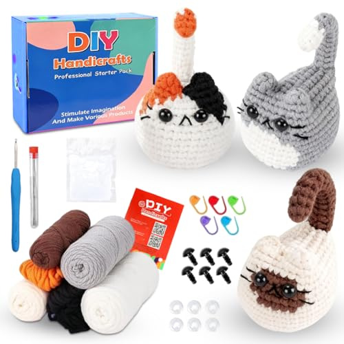 Zinueen Häkelset für Anfänger mit Videoanleitung - Komplettes Crochet Set für 3 süße Katzen | Einfaches Häkelkit & Strick-Set für Tierfiguren