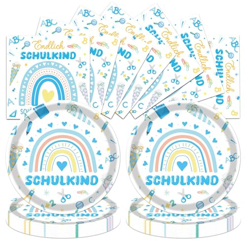 YOMOVER Einschulung Pappgeschirr, 48 Stück Schulanfang Pappteller Servietten Junge Mädchen Deko, Schön Dass Du Da Bist Pappteller Papierservietten Schulkind Tischdeko