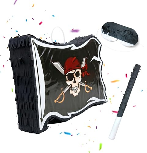 Relaxdays Pinata Piratenflagge, mit Stab & Maske, schwarz | Partypinata Kinder, Geburtstag, zum Befüllen, HBT: 35x40x8 cm