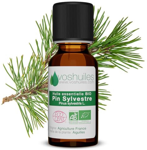 Huile Essentielle BIO de Pin Sylvestre - 100% Pure et Naturelle - HEBBD et ECOCERT - Huile Essentielle aux Nombreuses Vertus et Applications 20ml - VOSHUILES
