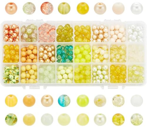 PH PandaHall 648 Stück 8 mm gelbe Glasperlen, 24 Farben, Kristallperlen, Backen, bemalte Craquelé-Glasperlen, Abstandshalter, lose Perlen für Herbst, Schmuckherstellung, Weihnachtsbaumschmuck