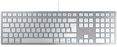 CHERRY KC 6000 SLIM FOR MAC, Teclado Mac con Cable (Conexión USB-A), Distribución de Teclado Francés (AZERTY), Teclas Silenciosas, Diseño Plano, Blanco/Plateado