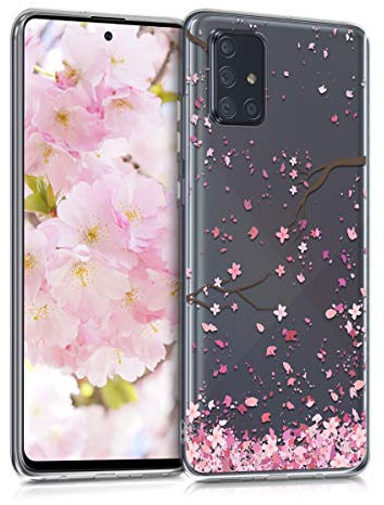 kwmobile Case kompatibel mit Samsung Galaxy A71 - Hülle Silikon transparent Kirschblütenblätter Rosa Dunkelbraun Transparent
