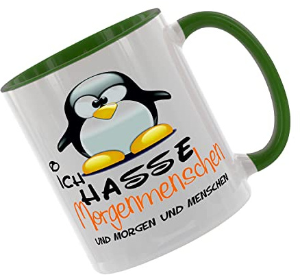 Ich hasse Morgenmenschen und Morgen und Menschen Kaffeetasse mit Motiv, Tasse mit Druck, auch individuell mit Spruch, Foto, Wunschtext, Wunschname (Grün)