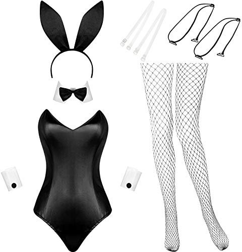 Geyoga Halloween Anime Damen Hase Kostüm Einteiler Bodysuit Kaninchen Haarreif Strümpfe Set Hasen Outfit für Weihnachten Party(Weiß und Schwarz, M)