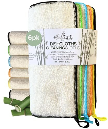 Whiffkitch Dishcloths Dishrags for Kitchen and Household Cleaning 9x9 6-Pack Non-Scratch 2-Ply Weave, Bamboo-Rayon Fabric, Absorbent, Washable, Long-Lasting