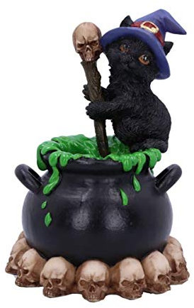 Horror-Shop Spook Hexenkätzchen mit Hexenkessel & Totenköpfen 12cm als Halloween Deko