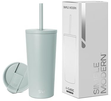 Simple Modern Isolierter Becher mit Strohhalmdeckel und Klappdeckel,wiederverwendbare Edelstahl-Wasserflasche für kaltgebrühten Tee, Eiskaffee, Reisebecher,590 ml,Meerglas-Salbei