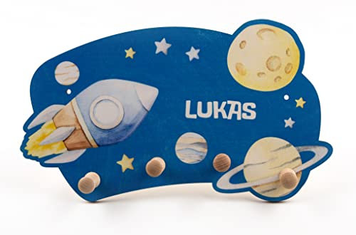 Personalisierte Kindergarderobe 'Weltall' aus Birkenholz mit vier Kleiderhaken. Garderobe für Kinder mit Wunschnamen, ca. 35 x 21 cm