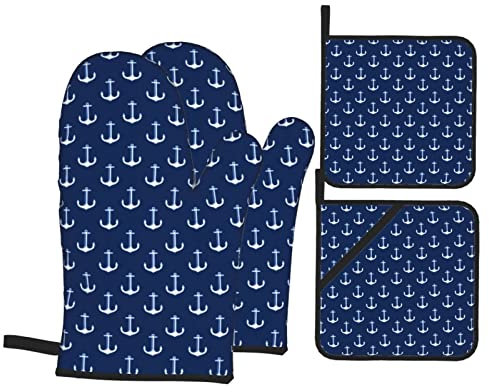 YUMEBLTD Ofenhandschuhe, nautischer Anker-Punkt-Ofenhandschuh und Topflappen für Küche, Kochen, Backen, Grillen, Grillen