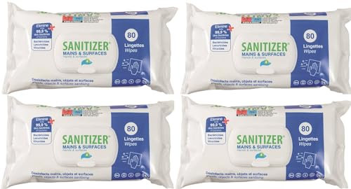 Lot 4 x 80 lingettes désinfectantes mains et surfaces Sanitizer Turbo - Elimine 99,9% des germes, Bactéricides, Virucide - Désinfection mains, objets et surfaces