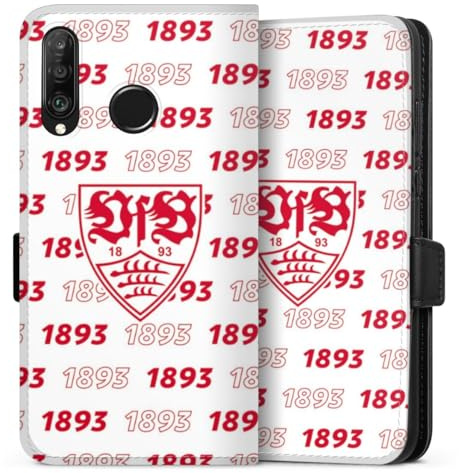 Klapphülle kompatibel mit Huawei P30 Lite Handyhülle aus Kunst Leder schwarz Flip Case VfB Stuttgart Logo Muster