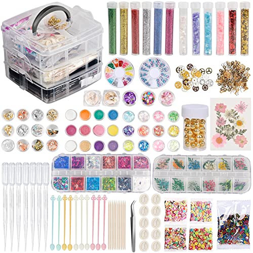 EFUTURETIME Epoxidharz Zubehör Set, 260 Stk, Resin mit Blattgoldflocken, Glitter, Pailletten, Trockenblumen, Muscheln, Zahnräder, Pipetten, Pinzette für Harz Handwerk und Nagelkunst Dekoration