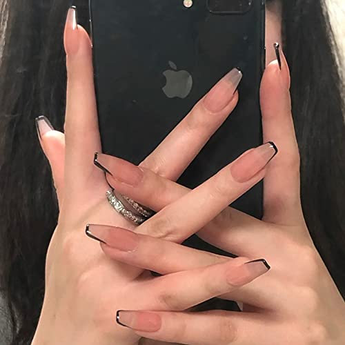 24PCS Short Coffin False Nails with Glue Stickers, Coffin Full Cover Acrylic Press on Nails no Glue,Black French Fake Nails for Women and Girls Nail Art.