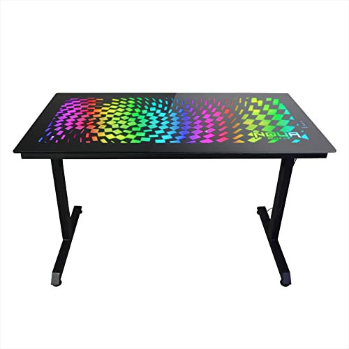 Noua Duk RGB Scrivania da Gioco Egonomica 120 x 60 x 75 cm, Tavolo Gaming con Piano in Vetro Temperato per PC Computer Monitor con Luci RGB e Arcobaleno