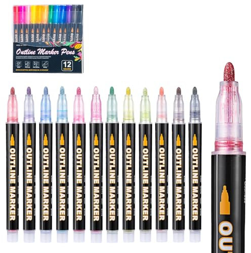 Mzh Art Double Line Metallic Markers 12 Farben Outline Stifte Glitzerstifte für die Gestaltung Ihrer eigenen Fotoalbum, Gästebuch, Scrapbook