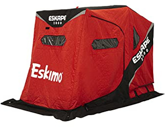 Eskimo Eskape 2000, Flip-Style Sled Ice Fishing Shelter, Insulated, Red/Black, 1-2 Person Capacity, Two Person Versatile Bench Seat, Gray Interior, 44100