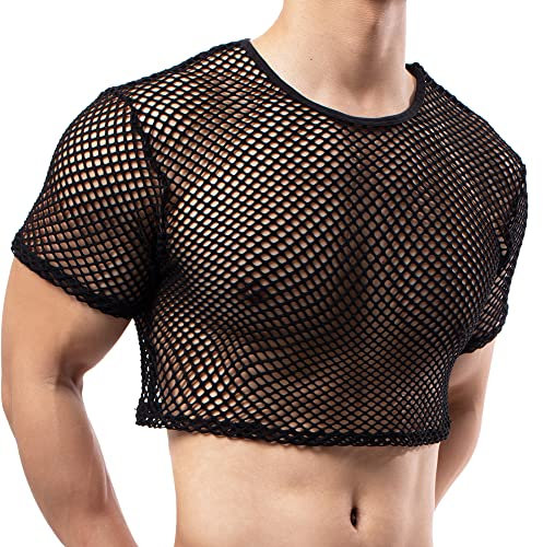 YOOBNG Men's Fishnet Crop Tops Mesh T Shirt See Through Undershirt Nightwear Sheer Shirt