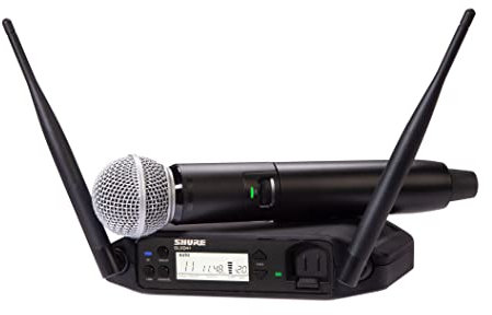 Micrófono inalámbrico Shure GLXD24+/SM58 para iglesias, karaoke y voces - Batería de 12 horas, alcance de 30m | Micrófono vocal SM58, receptor de canal único.