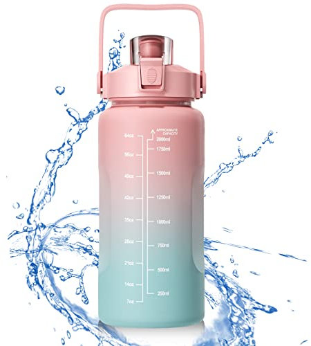 newaner Trinkflasche 2 Liter, Wasserflasche mit Skala, BPA-freie Wasserflasche Auslaufsicher, leicht und wiederverwendbar, Geeignet für Sport, Gewichtsverlust, Outdoor, Fitness, Wandern(rosa)