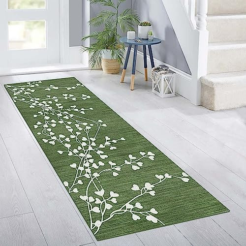 Siunwdiy Alfombra de Pasillo Antideslizante 60x360cm Verde Alfombra de Corredor Alfombra de Cocina Lavable Antimancha Alfombra de Suelo con Hojas Blancas para Corredor Entrada Cocina Lavadero
