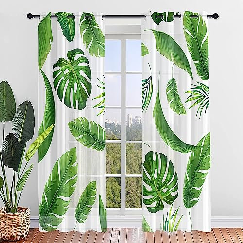 Hiseng Voile Vorhänge mit Ösen Durchsichtig Halbtransparent Ösenvorhang für Fenster Wohnzimmer Schlafzimmer Nordisch Blätter Pflanze Moderne Transparent Gardine 2er Set (132x244cm,Monstera)