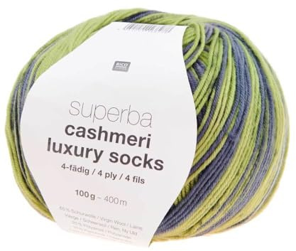 Rico Design Superba Cashmeri Luxus-Sockenwolle, 4-fädig, 100 g, weich und luxuriös für Ihre Füße, Farbe: Grün (010 - Grün meliert)