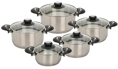Spetebo Juego de ollas de acero inoxidable, 10 piezas, 1,4 hasta 5,4 l, juego de 5 ollas con tapa de cristal, olla para pasta, patatas, sopas, salsas, guiso para todo tipo de fuegos, apto para