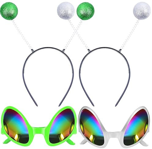 Goenb 4 Stück Alien Haarreif Alien Brille, Haarreif Alien Stirnband Alien Headband Alien Kostüm Zubehör für Erwachsene Kinder für Karneval Faschings (Grün Silbrig)