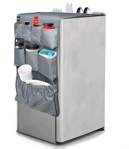 Over The Mini Fridge Storage Double Side Caddy Organizer for College Dorm & Office Essentials, 17 Extra Large Fabric Pockets & Flatware Storage Organization Home Supplies (Gray)