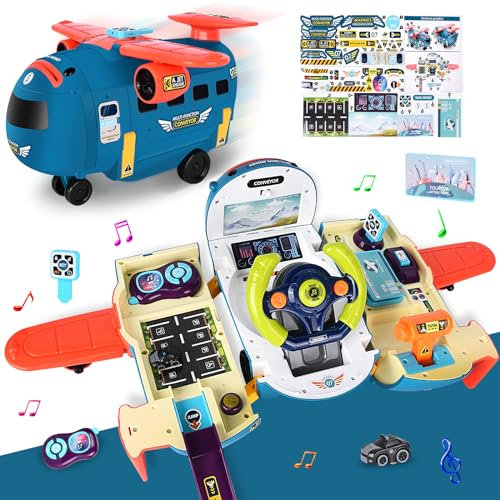 JONRRYIN Avion Jouet Garçons 3 Ans, Simulateur de Conduite Enfant avec Sons et Tirelire, 3 en 1 Volant Voiture Jouets Anniversaires Cadeaux de Noël pour Enfants (Bleu)