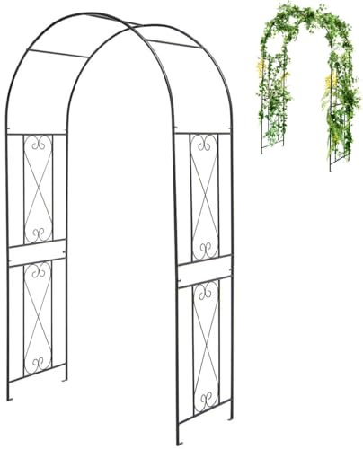 COSTWAY 2.2m/2.3m Metal Garden Arch, Large Archway Trellis Pergola Arbour with 4 Ground Stake for Rose Vines Climbing Plant, Patio Arbor Decoration Stand for Party Wedding Backyard Lawn (120x56x220cm)
