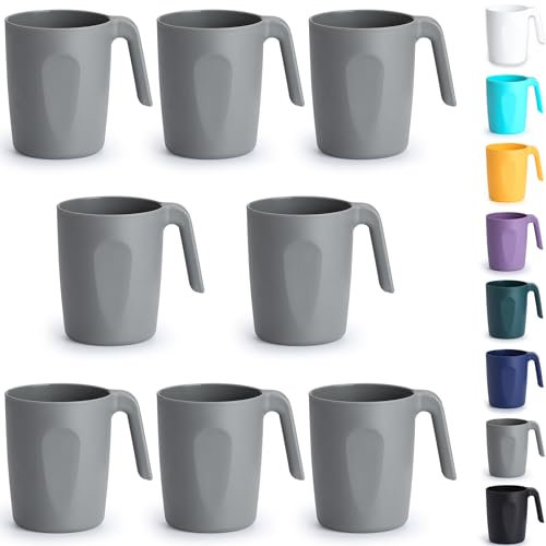 Berglander Tasses à café en plastique gris Set de 8 x 450ml, Gobelets avec poignées, Tasse d’eau réutilisable, Facile à transporter, Idéal pour la maison, Jardin, Pique-, Camping, Extérieur