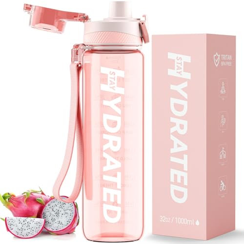 Mevoly Gourde 1L, Tritan Gourde Sport Motivation sans BPA, Transparente avec Graduée, Anti Fuite, Bouteille 1 Litre pour Camping, Randonnée, Yoga, Femme, Homme (Rose Premier Amour)