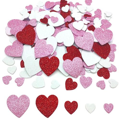 XQMMGO 300 Stück Herzen Schaumstoff Sticker, Moosgummi Herzen Selbstklebend Herzen Schaumstoff, Selbstklebende Herzen Aufkleber, Sticker Glitzer für DIY Dekoration, Geburtstag Hochzeit