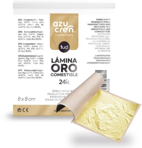 Azucren, Oro Comestible, Laminas de Oro Comestible 24k, Hojas de Oro para Decoración de Alimentos, 1 Unidad