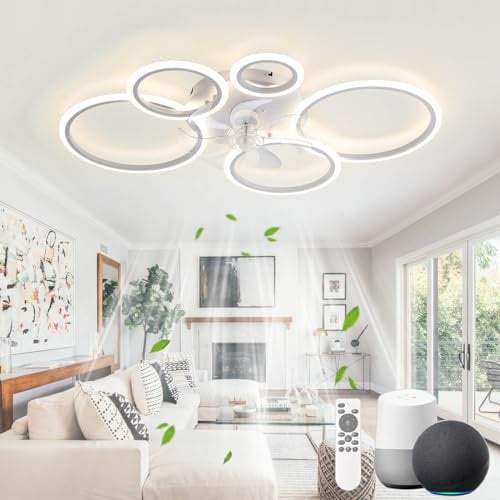 KeLuKes Lámpara Ventilador de Techo 100cm Con Luz Anillo Para Sala de Estar - Compatible Con Alexa y Google Assistant, Reversible, Regulable, Temporizador, Silencioso, Blanco